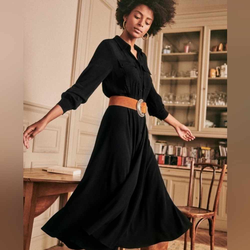 Sezane Black Midi Shirt Dress
